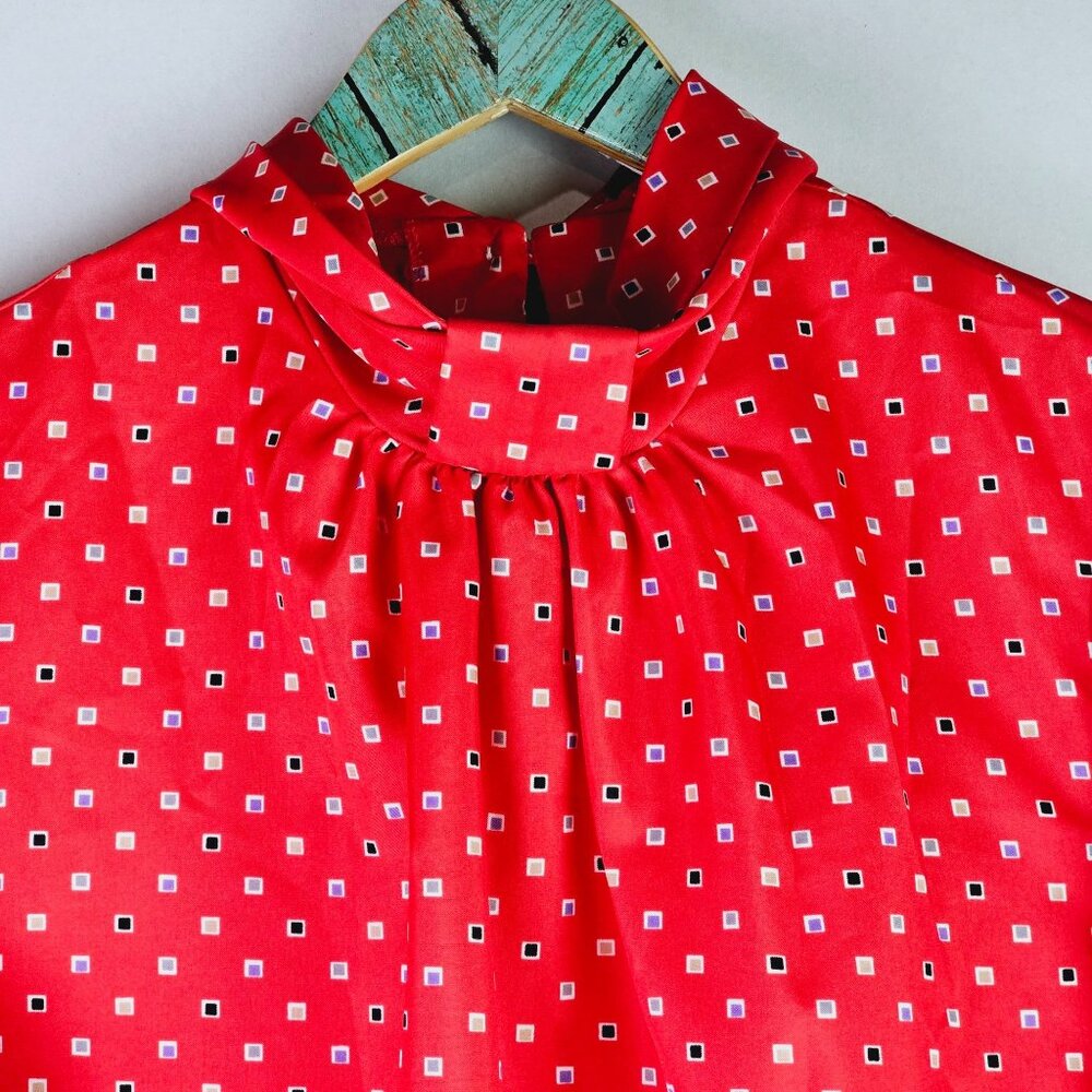 Vtg Lucky Me Loose Clergy Collar Neck Square Print Long Sleeve Silky Blouse, 38 - Picture 2 of 10